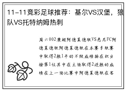 11-11竞彩足球推荐：基尔VS汉堡，狼队VS托特纳姆热刺
